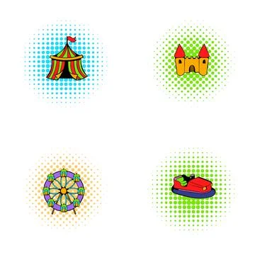 Amusing park objects pop art style icon set Stock Illustration