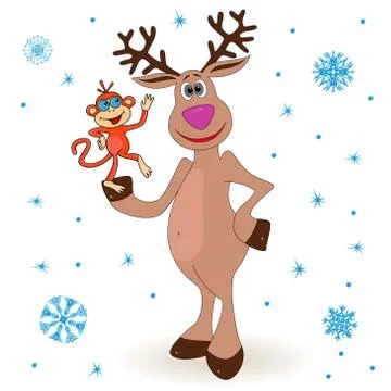 Amusing reindeer holding a small monkey Illustrazione stock
