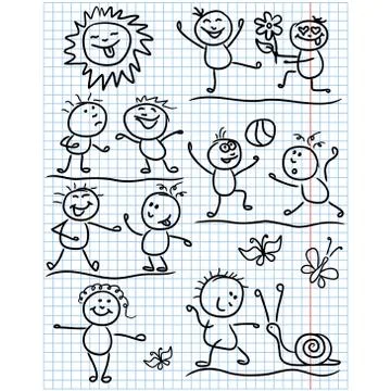 Amusing sun and kids figures in funny scenes Stock Illustration