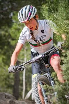 Ana Santos in the pine tree forest during in MTB championship Foto stock
