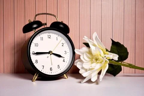 Analog alarm clock and plastic flower decor Stock Photos