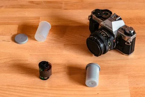 Analog camera on a desk Foto stock