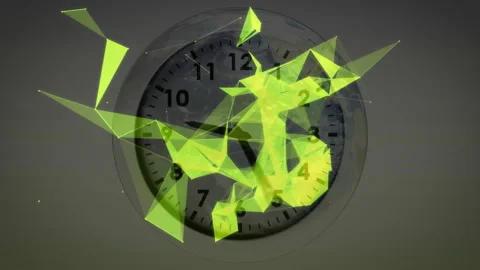 Analog clock with abstract green geometric shapes animation in background Stock Footage 303536378