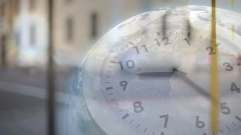 Analog clock advancing hands with frame progression, revealing globe clouds, Stock Footage 331567899