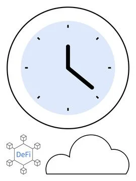 Analog clock with blue face and black hands, connected hexagons with DeFi in  스톡 일러스트