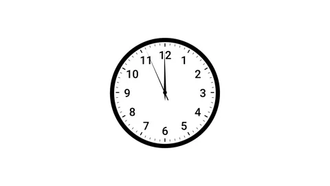 Analog clock countdown flat animation from 11:59 to 12:00 with ticking. Stock Footage 329185287