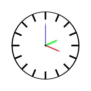 Analog clock face with black markings and colorful hands Stock Illustration