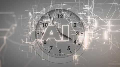 Analog clock face glowing with AI circuitry patterns overlaying network nodes in Stock Footage 309112528