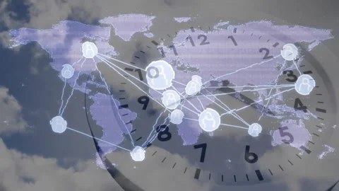 Analog clock face initiating glowing nodes and animating lines visualizing world 動画素材 310433815