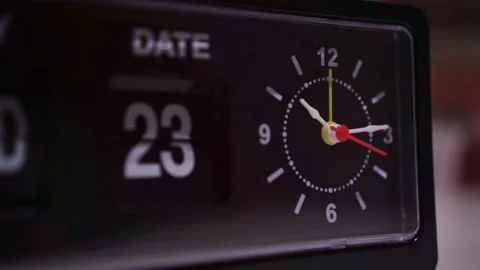 Analog clock face with moving hands, retro style flip clock in dark ambiance, Stock Footage 343412454