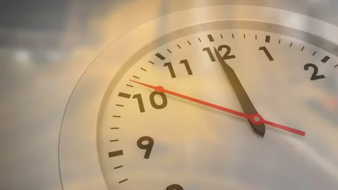 Analog clock face sweeping red second hand across dial, mechanism marking time Stock Footage 334114068