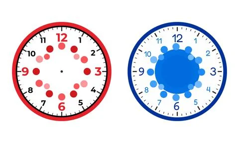 Analog Clock Faces In Red And Blue Showing Modern Time Concept Stock Illustration