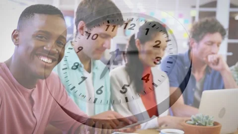 Analog clock graphic appearing above guiding tech team typing and scrolling, Stock Footage 318260243