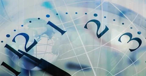 Analog clock hands sweeping near 12 starting globe and grid appearing, showing Stock Illustration