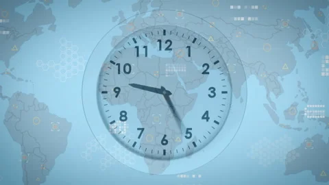 Analog clock hovering over light blue world map, displaying flat design hexagons Stock Footage 309095209