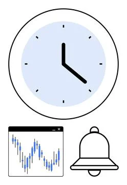 Analog clock indicating time, stock market chart with fluctuating data, and b Illustrazione stock