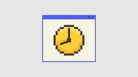 Analog clock pixel art pop-up window UI overlay animation Stock Footage 333308789