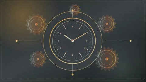 Analog clock surrounded by gears and glowing dots on dark background Stock Illustration