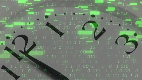 Analog clock undergoing green binary overlay after glitch, hands sweeping Stock Footage 329122011