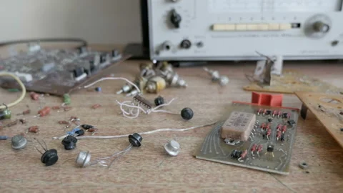 Analog Electronic Devices On The Table. Retro Transistors, Resistors Stock Footage 98997469