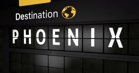 Analog flight information display board with the arrival city of Phoenix Stock Footage 146714165