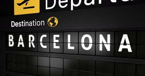 Analog flight information display board with the arrival city of Barcelona Stock Footage 146714196