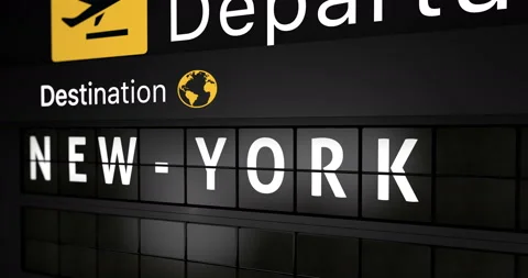 Analog flight information display board with the arrival city of New York Stock Footage 146714373