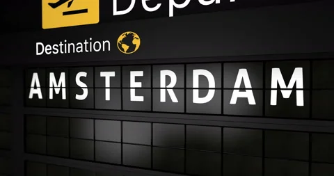 Analog flight information display board with the arrival city of Amsterdam Stock Footage 146714635