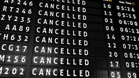 Analog flight information display board with all flights cancelled Stock Footage 147315645
