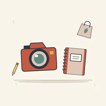 Analog photography with a camera and notebook. Decorative flat vector composi Stock Illustration