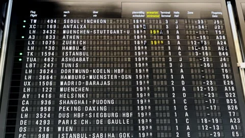 Analog split-flap flight board updating flight times and destinations at Fr.. Stock Footage 345165955