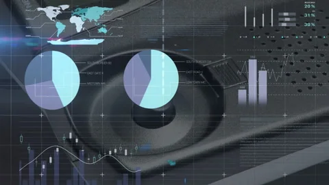 Analog stick knob getting animated data overlays showing world map, data charts Stock Footage 307431013