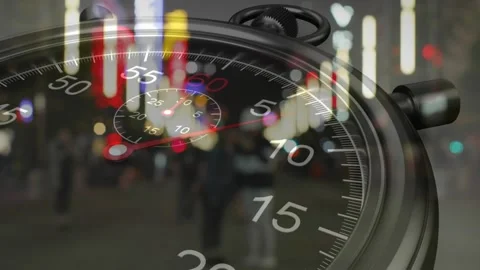 Analog stopwatch ticking, red second hand rotating while blurred neon crowd Stock Footage 320652694