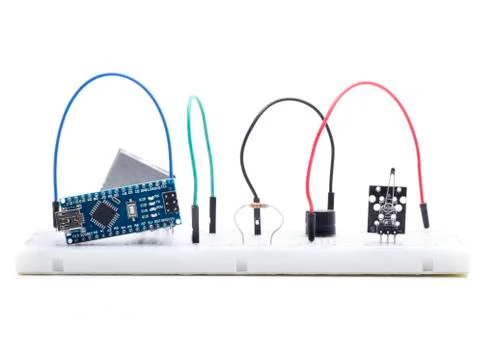 Analog temperature sensor in protoboard Stock Photos