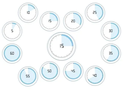 Analog timer counting in 5 seconds or minutes interval, from 5 to 60. Stock Illustration