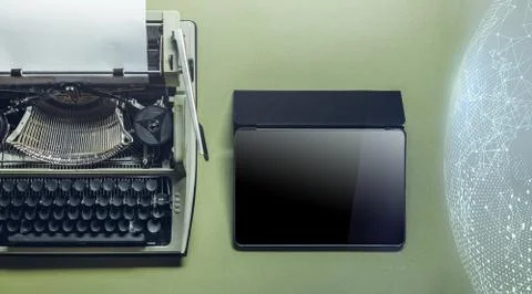 Analog Typewriter, Tablet, Global Network and Cloud Storage On Green Surface Foto stock