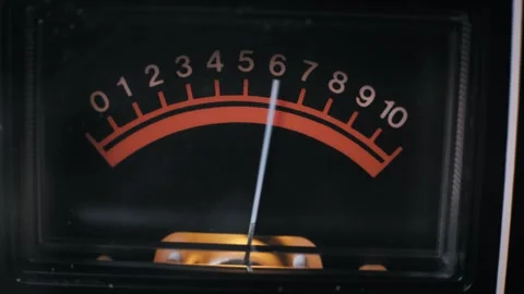 Analog VU Meter Needle Swinging on Red Scale Macro Stock Footage 329852047