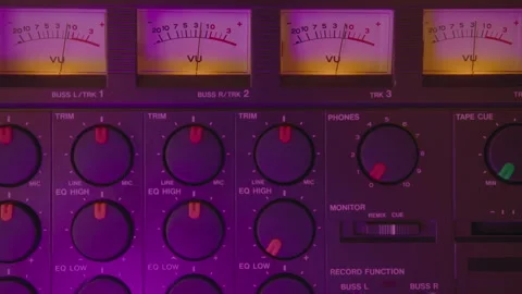 Analog VU Meters and Knobs on Tape Recorder in Neon Light Video stock 253019157