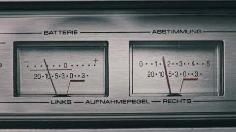 Analog VU Meters on Silver Colored Stereo Tape Recorder, Arrow Indicators 스톡 동영상 180609785