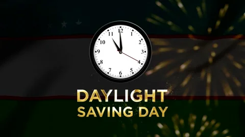 Analog wall clock with daylight saving day text over abstract sparkling bac.. 스톡 동영상 346541244