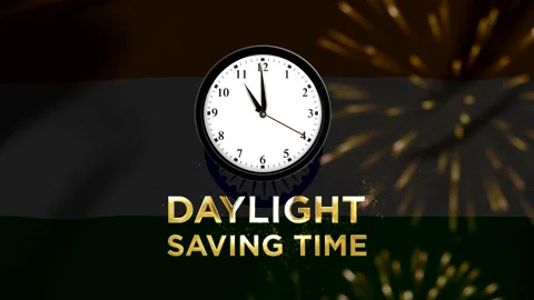 Analog wall clock showing daylight saving time concept with glowing golden .. Stock Footage 346541204