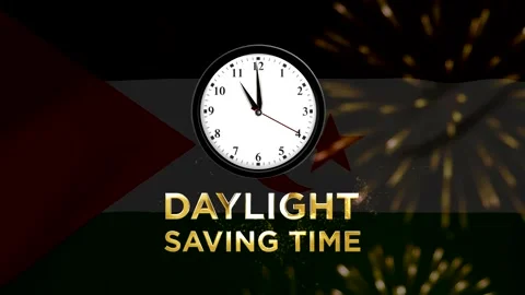 Analog wall clock showing daylight saving time on a background with particles Stock Footage 346541210
