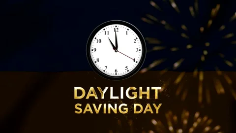 Analog wall clock showing time with daylight saving day golden text graphic.. Stock Footage 346541235