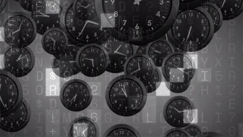Analog wall clocks clustering, pulsing squares starting motion, drifting, Video stock 328584446
