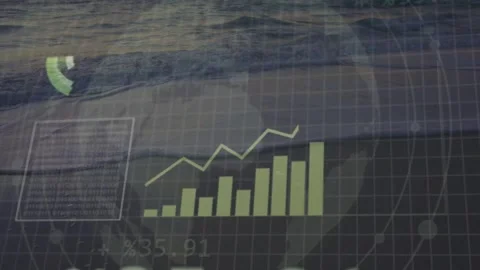 ANALYSING box appearing, HUD expanding over ocean, bars rising, line tracing, Stock Footage 333873340