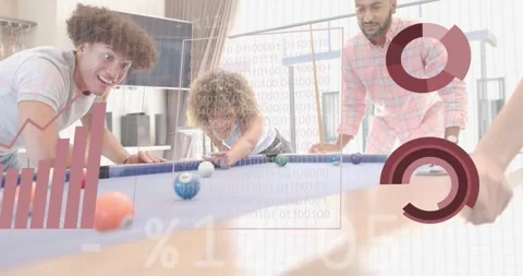 ANALYSING DATA appearing, friends leaning over pool table lining shot in tech Vídeo Stock 318713526