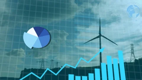 ANALYSING DATA box appearing, three-blade turbine rotating while charts rising, Stock Footage 335211855