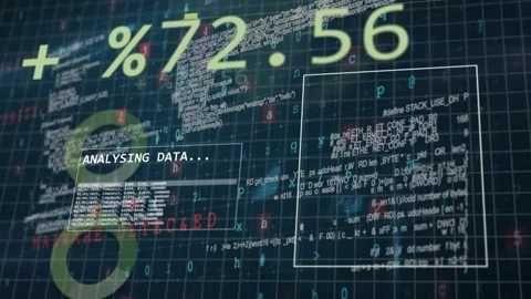 ANALYSING DATA panel starting scan, HUD rate shifting as code streaming while Video stock 335651811