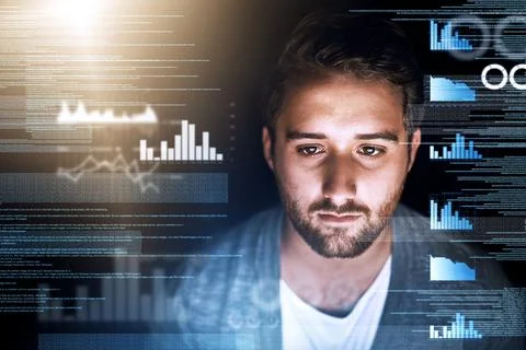 Analysing the data. a young computer programmer working on source code. Stock Photos