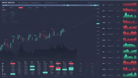 Analysing the Digital graph of the coin costs in the cryptocurrency trading app Stockbeeldmateriaal 267854649